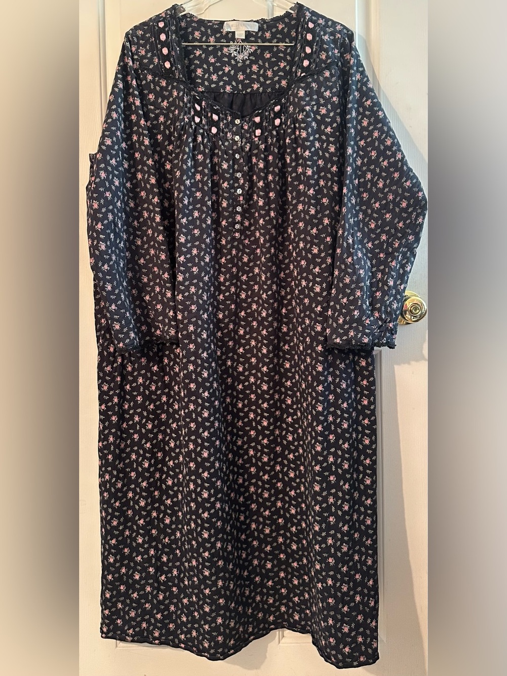 EILEEN WEST 3X Nightgown Black Floral 100% Cotton Long Sleeve Dreamtime Jersey